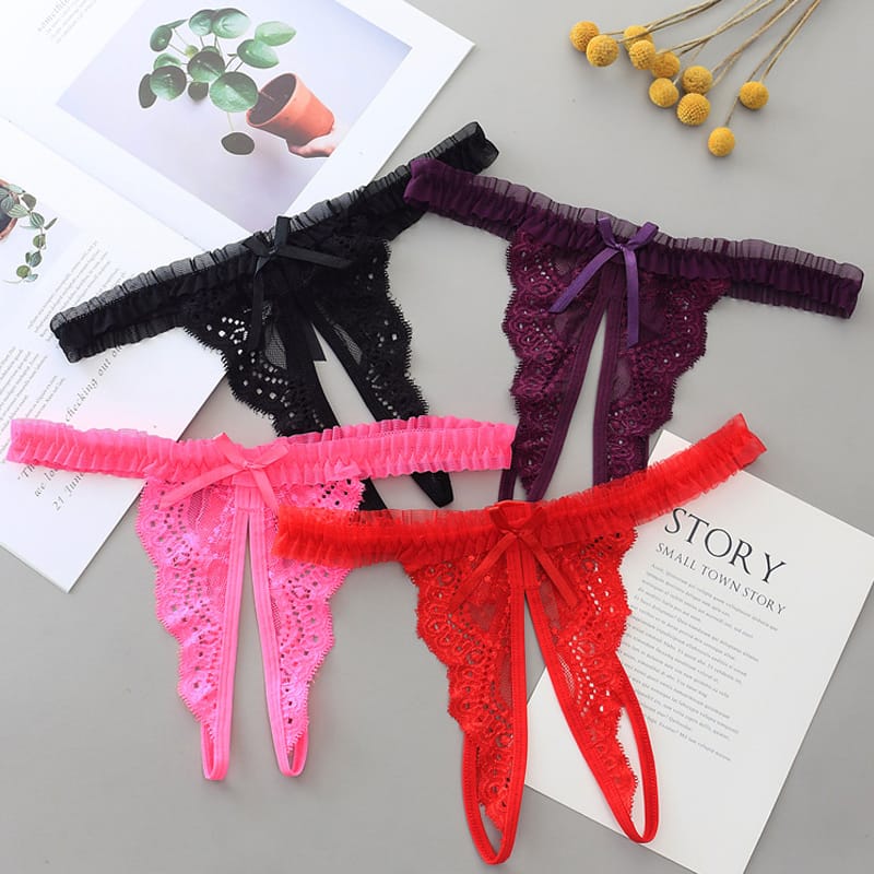 1 Pc Lace Bow Low Rise Crotch Less Thongs Panties