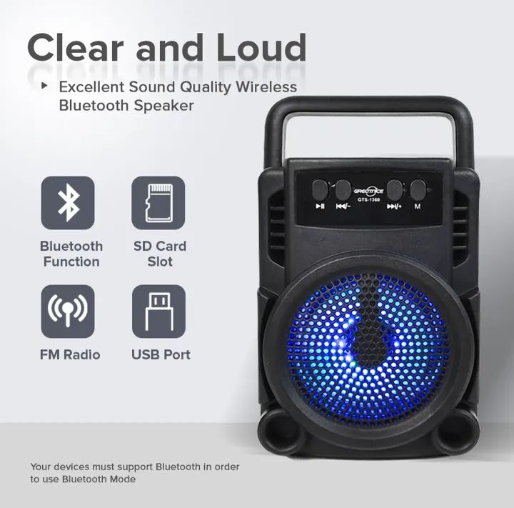 Great Nice Portable Bluetooth Speaker 3″ (GTS-1360) The GTS-1360 Portable Bluetooth Speaker combines power, Sound And Compact Design