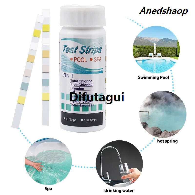 Difutagui 7 in 1 Swimming Pool PH Test Paper Chlorine PH Value Alkalinity New Sales promotion style Hardness Test Strip PH Tester Pool Cleaner By BeBosLook