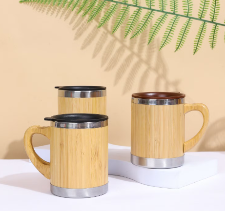 Coffee Mug, Stainless Steel Bamboo Travel Mug with Handle, Bamboo Insulated Water Bottle, Wooden Coffee Tea Mug for Home Office