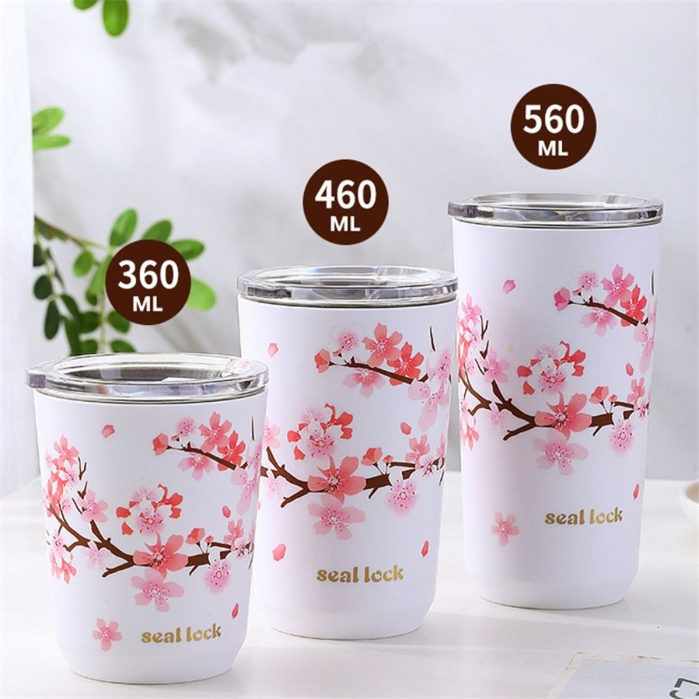 Portable Stainless Steel Thermal Mug Leak-Proof Double Wall Coffee Milk Cups with Lid Cherry Blossom Water Bottle Travel