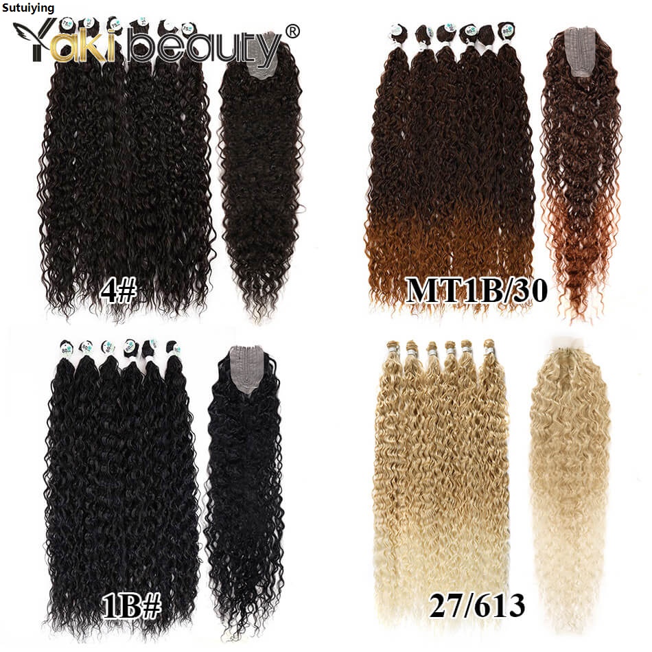 Sutuiying Synthetic Kinky Curly Hair Bundles 6PCS With 1 PC Lace Closure Profesional 28/30/32inch Black Brown Blond Hair Bundles Organic Fiber Hair