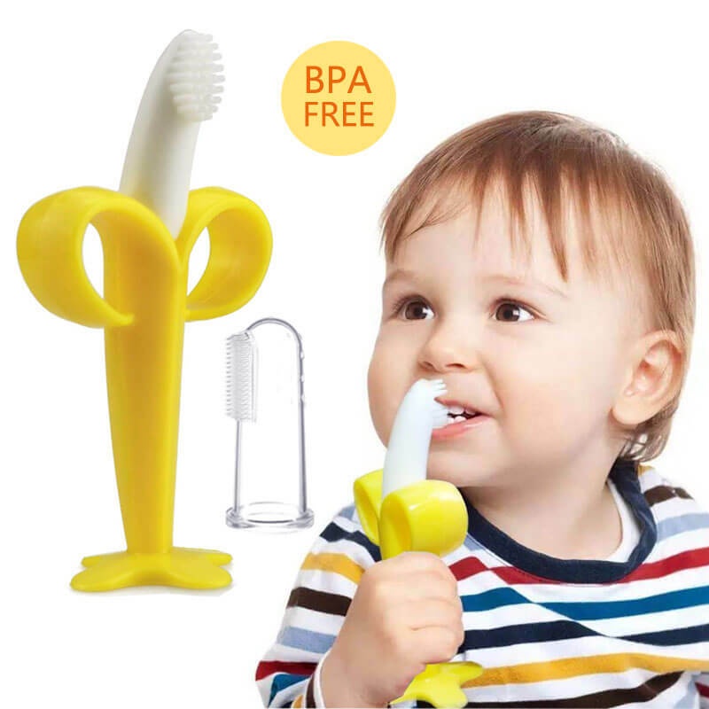 Mumlove Baby Teether Set - Banana Massager Gum And Finger Tooth Brush For Toddlers