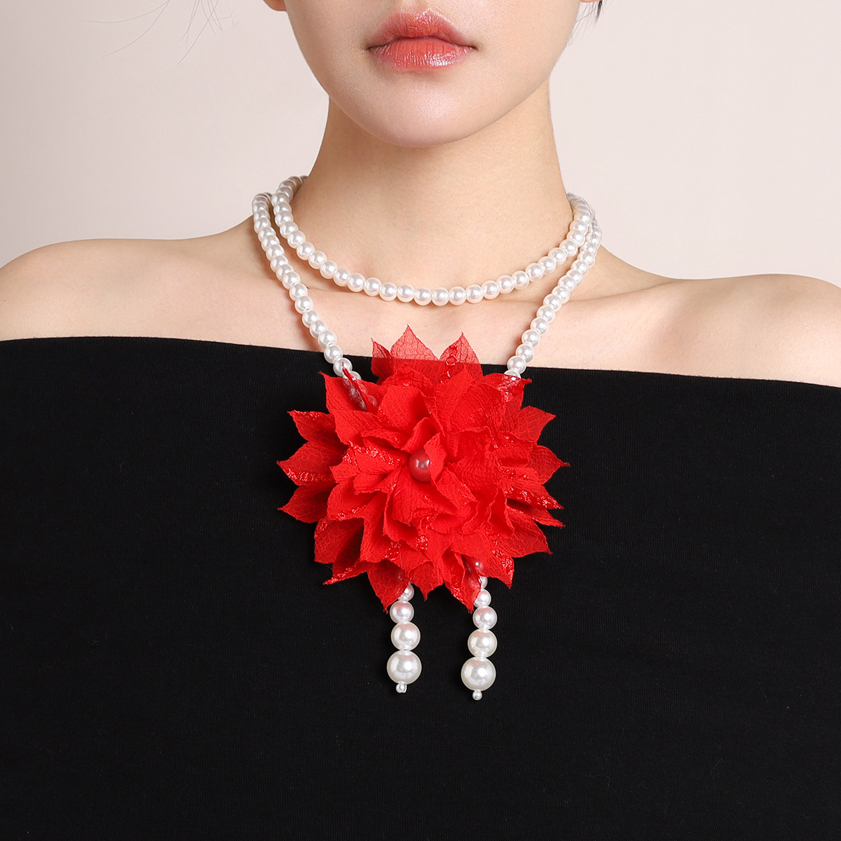 cross-border new imitation pearl necklace with fabric flowers, elegant small fragrance clavicle chain, versatile long sweater chain