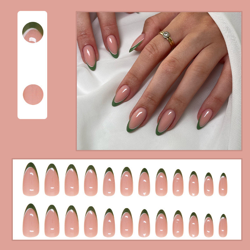 24Pcs Solid Color Dark Green Double French Fake Nails with Glue DIY Art Design False Nails Wearable Artificial Nails
