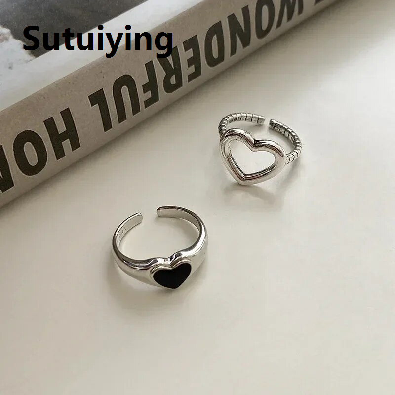 Sutuiying 2023 New Fashion Simple Heart Vintage Love Ring Personalized Adjustable Opening Fashion Black Ring Girl Jewelry