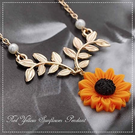 1 Pcs Lovely Flower Pendant Necklace With Pearl Jewelry Sunflower Necklace - Yellow Sunflower and Leaf Branch Necklace Simple Drop Choker Jewelry for Women and Girls (Gold)