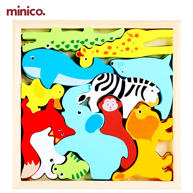 Minico 3D Wooden Animal Block Puzzle - Educational Montessori Jigsaw Toy for Kids & Toddlers - Colorful Shape Sorter Learning Game for Boys & Girls