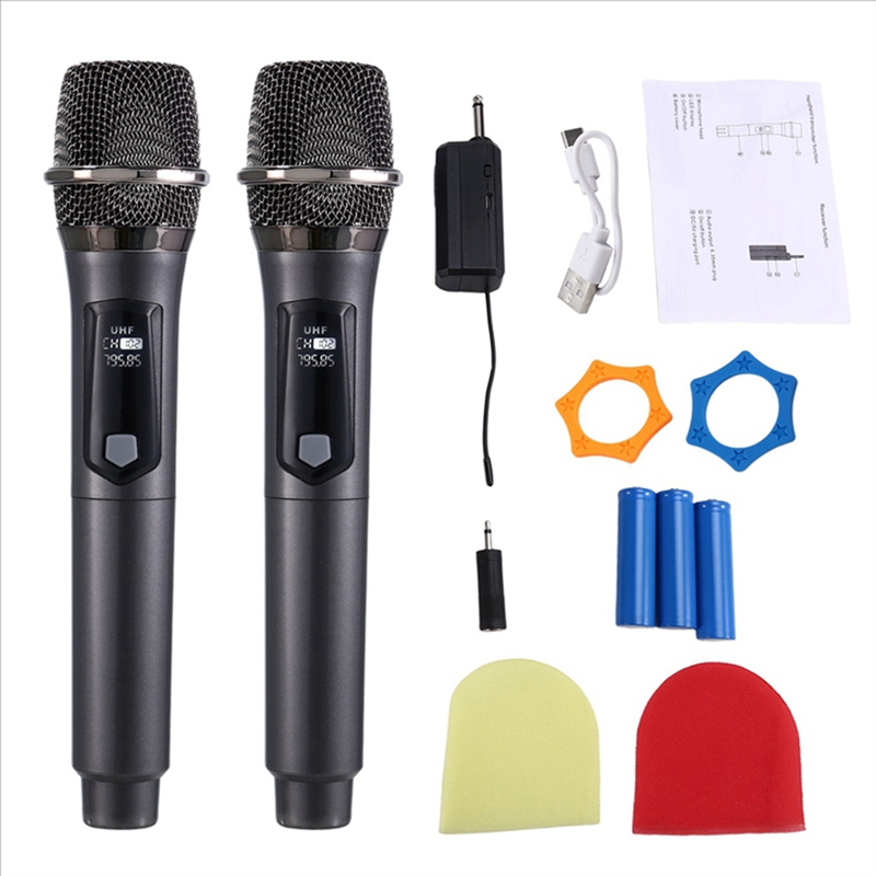Wireless One-To-Two Home Microphone 6.35 Interface Professional Handheld Microphone for KTV Performance Stage Gray