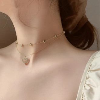 1 Piece Double Layered Heart & Rhinestone Decor Gold Plated Collarbone Chain Necklace With Unique Design & Sense Of Style - Best Ever
