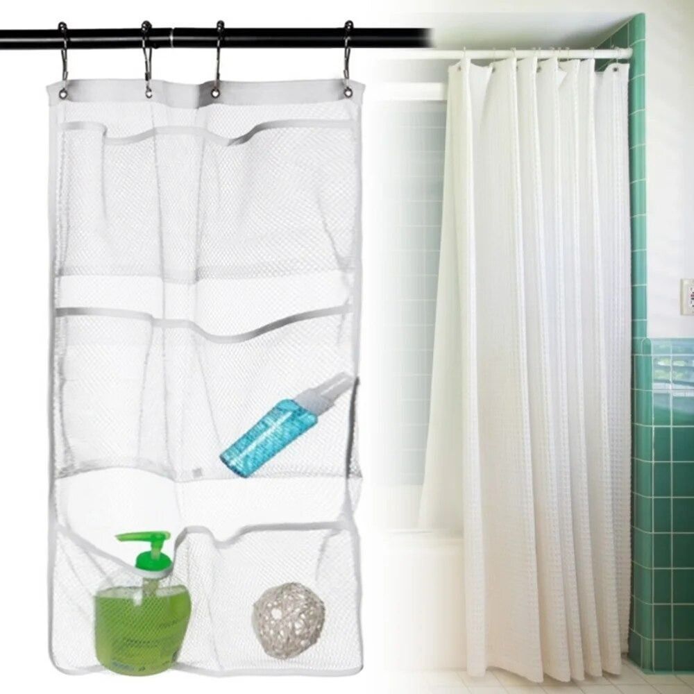 New White Bathroom Hanging Storage Bags Polyester Bathroom Accessories Mesh Shower Organizer 6 Pockets Bath Bag
