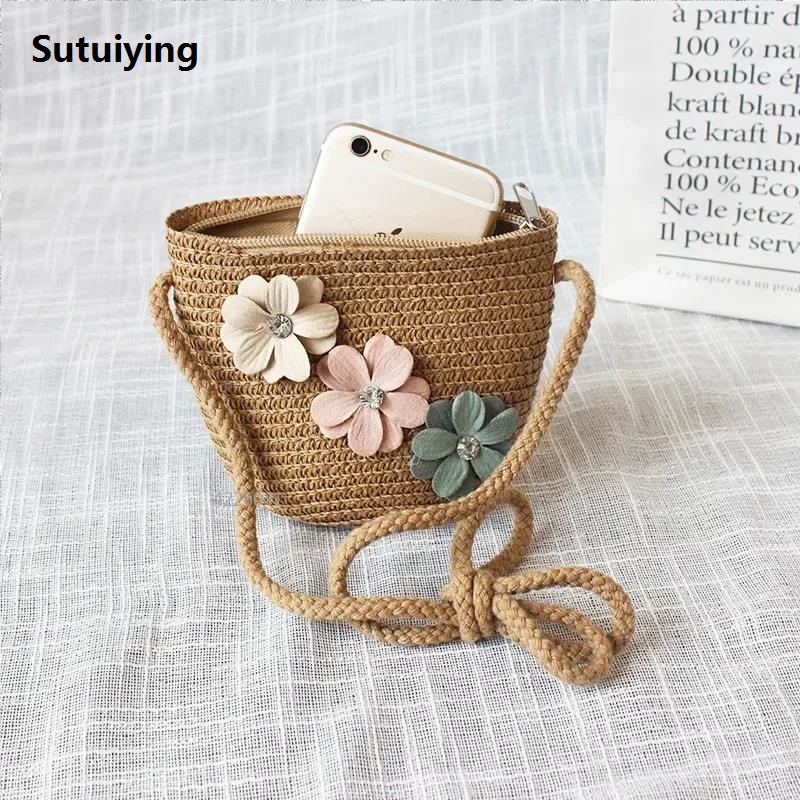 Sutuiying Lovely Girls Small Purse Handbags Children Straw Woven Messenger Portable Bag Baby Kids Mini Shoulder Bags Princess Wallet Kids Purses