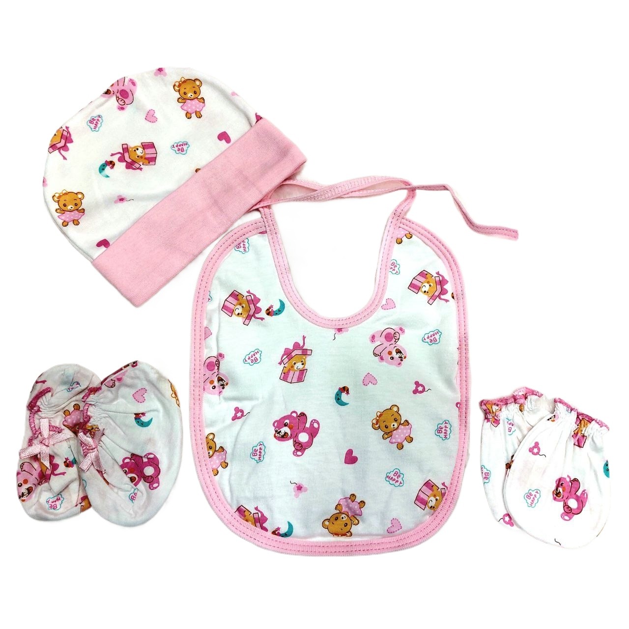 4 pcs Set Combo Bib Cap Mitten Booties For Newborn Baby
