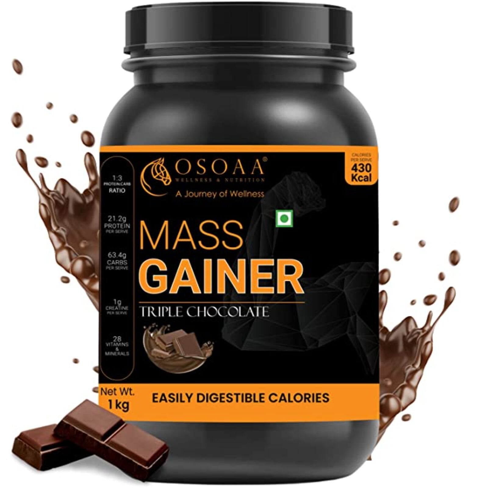 OSOAA 1:3 Lean Mass Gainer 1Kg With Creatine & Whey Protein - 420 Calories & 21g Protein (Triple Chocolate, 1 KG)