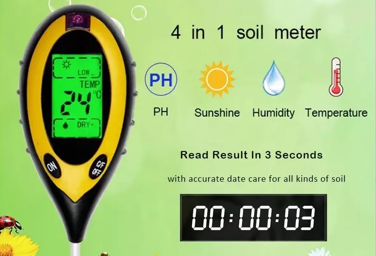 Soil PH Meter 4 IN 1 PH/Temperature/Moisture/Sunlight Tester Garden Plant Flower Digital Soil PH Meter