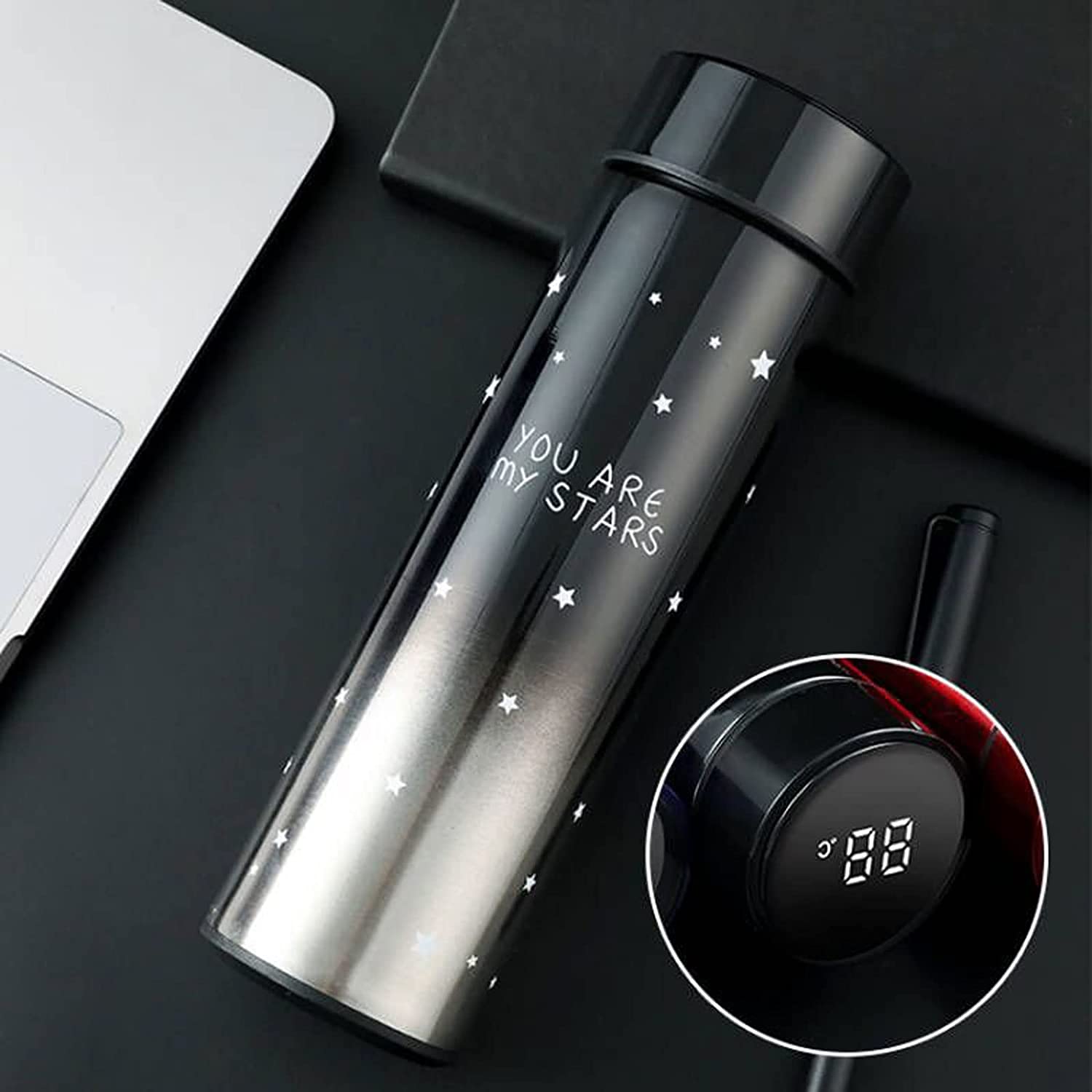 Star Printed Temperature Water Bottle | Smart Vacuum Insulated Thermos Water Bottle | Water Bottle with LED Temperature Display | 304 Stainless Steel Perfect for Hot & Cold Drinks