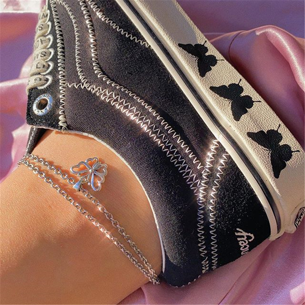 designs】Cute simple hollow double chain metal silver anklet European and American jewelry wholesale