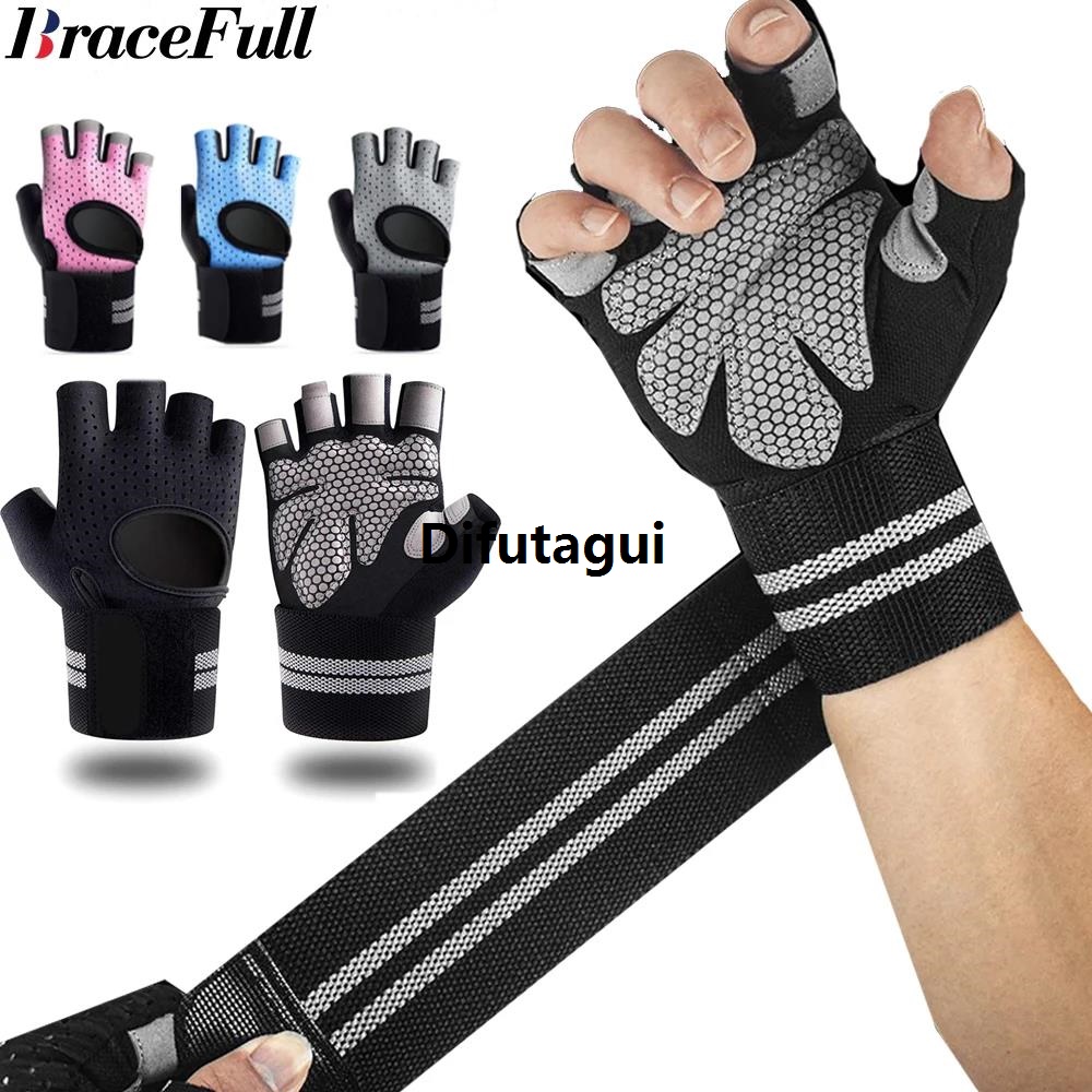 Difutagui New specials 1Pair Half Finger Gym Fitness Gloves with Wrist Wrap Support Hot Selling for Men Women Crossfit Workout Power Weight Lifting Equipment