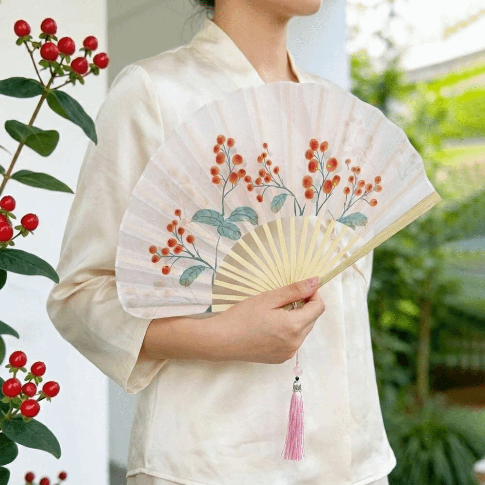 Dance Props Vintage Folding Fan with Tassel Portable Handheld Fan Decorative New Chinese Style Hand Cranked Fan For Girls