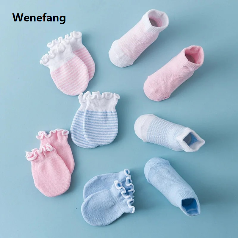 Wenefang 4Pair/Set Solid Color Baby Socks Gloves Set Cute Strip Elastic Infant Bargain price Toddler Socks Soft Cotton Newborn Girl Boy Ruffle Mitten