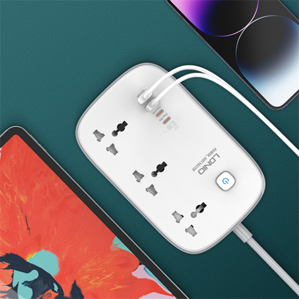 LDNIO SC3416 3 AC Outlets 4 USB Power Strip with Fast Charging 65W, 2m Heavy-Duty Cord | Universal UK/EU/US Plug Extension Socket with Multi-Protection & Child Safety | Power Hub for Home & Office