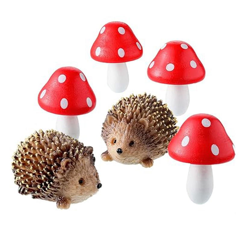 Garden Fairy Parts Resin Hedgehogs and Wood Mushroom Miniature Decorations for Bonsai Craft