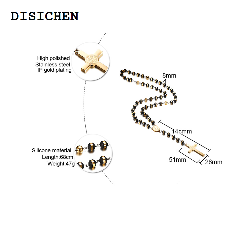 DISICHEN Bargain price Meaeguet Black/Gold Color Long Rosary Necklace For Men Women Stainless Steel Bead Chain Cross Pendant Women's Men's Gift Jewelry