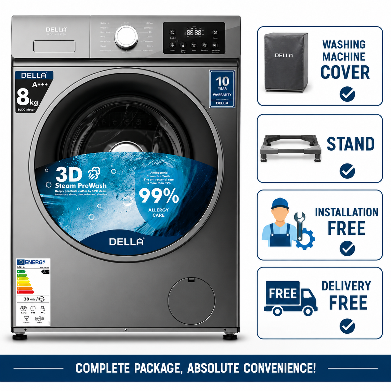 Della 8kg BLDC Inverter Motor Front Load Fully Automatic Washing Machine