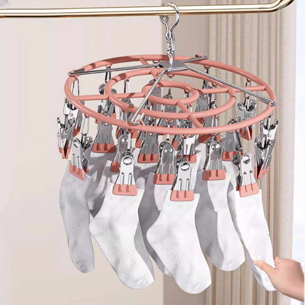 Sturdy Stainless Steel Sock Drying Rack Lightweight Windproof 24 Clip Hanging Rack Household Durable Clothes Hanger Balcony