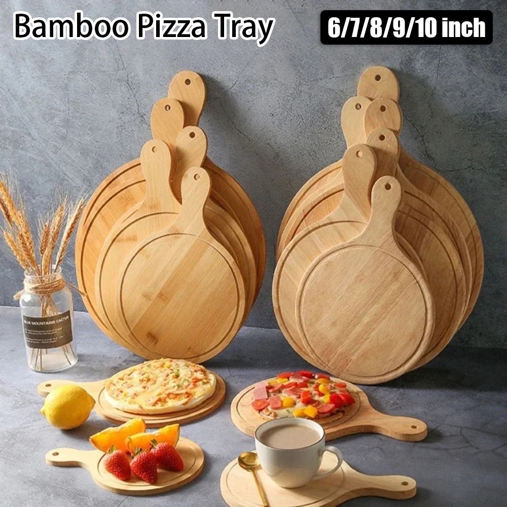 1Pcs Durable Stone Cutting Bamboo Pizza Tray Platter 6/7/8/9/10 Inch Wooden Pizza Board Cake Bakeware Round with Handle Baking Tray Kitchen Tool