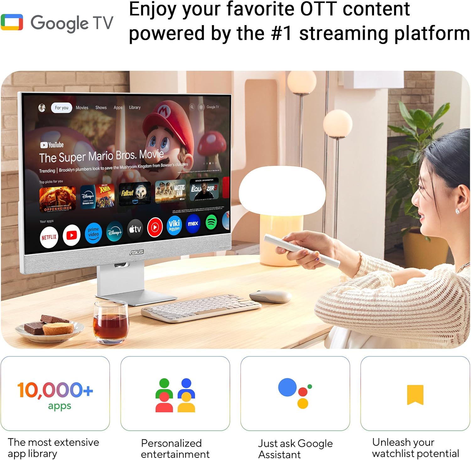 ASUS ZenScreen 27” 4K USB-C Smart Monitor (MS27UC) - UHD (3840 x 2160) IPS, 99% sRGB, GoogleTV, Harman Kardon Speakers, USB-C 90W PD, USB Hub, Wireless Display, Netflix and YouTube