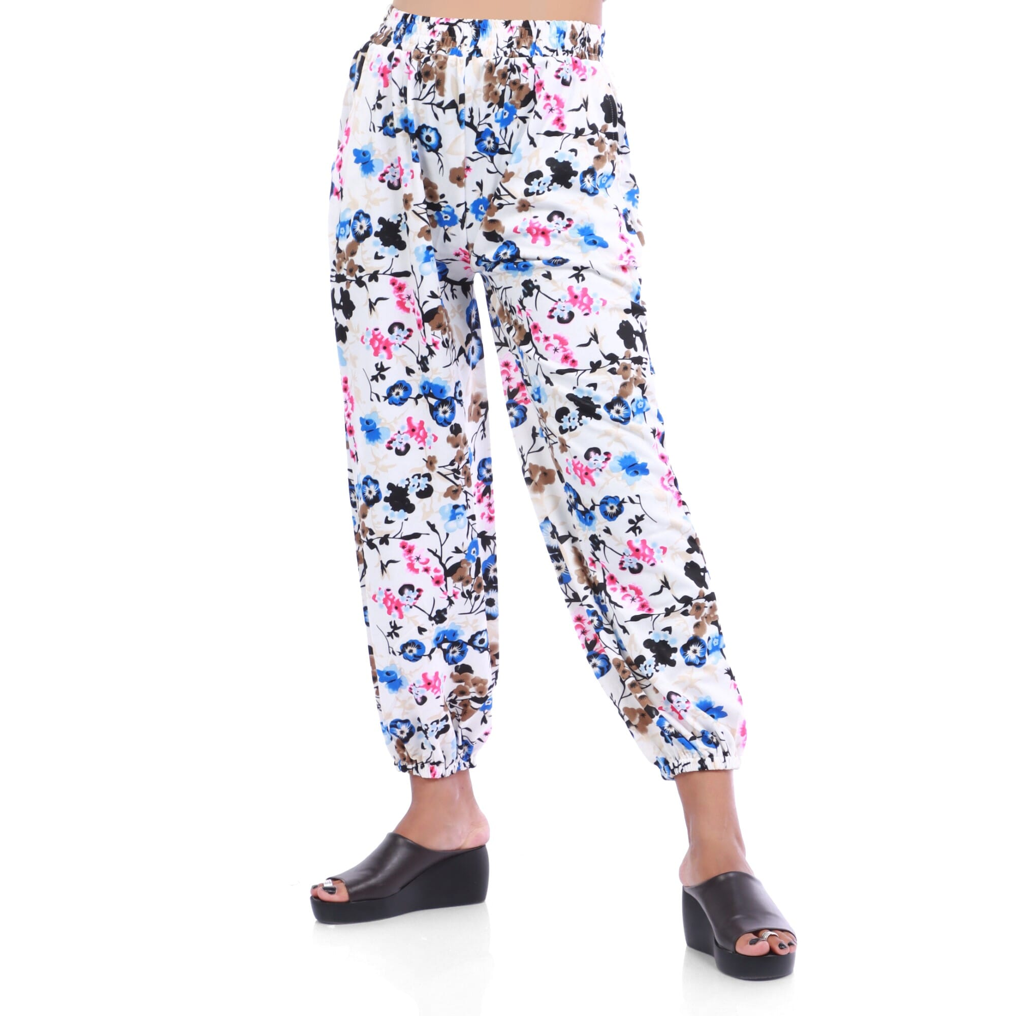 White Cotton Flowers Printed Palazzo Pants For Women