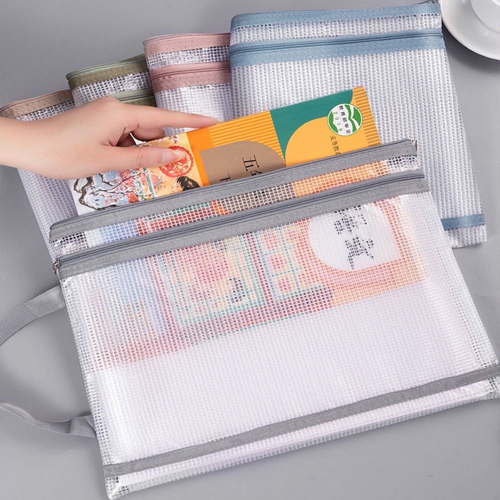 File Organizer Double-layer Mesh Zipper Storage Bag Transparent PVC A4 File Folder Bag Waterproof Portable Document Bag Student