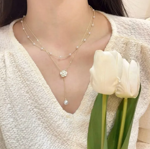 1 Piece Double Layer Pearl Camellia Necklace with Gold Finish - Elegant Floral Pendant Jewelry for Women & Girls by Choice Group
