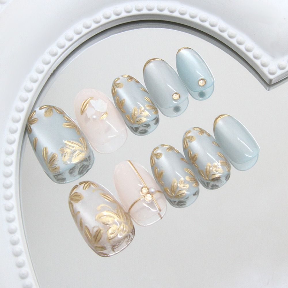 24pcs Manicure Oval False Nails French Green Grape Cat Eye Fake Nials Detachable Gold Flower Pearls Press on Nails DIY
