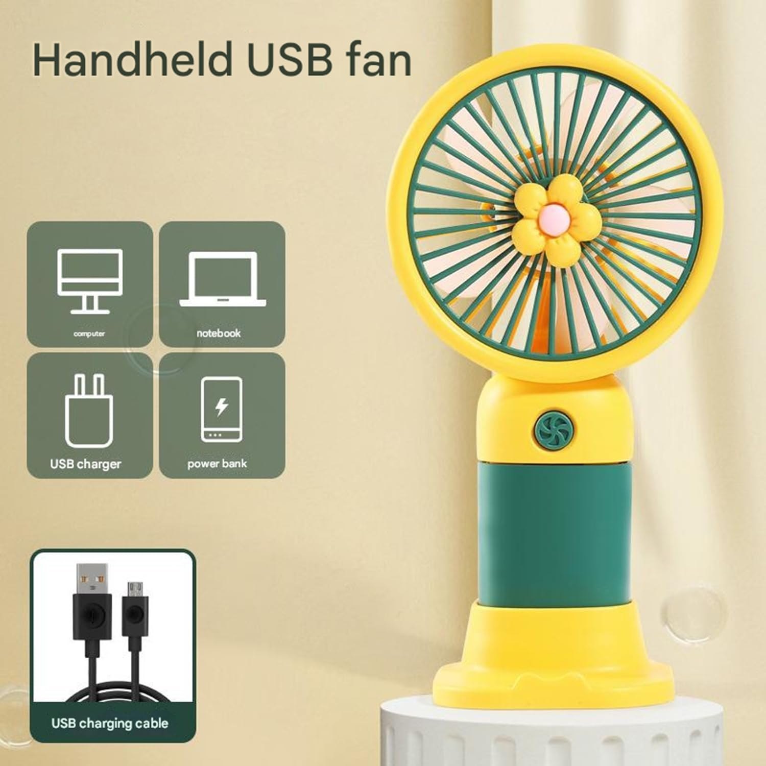 Flower USB Rechargeable Handheld Mini Fan with Built-in Light - Portable 3-Speed Outdoor Personal Cooling Fan (Green)