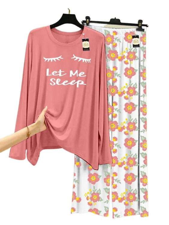 PEACH LET ME SLEEP Printed Nightwear Set with Flower Printed Trousers - Women's Lounge Wear By Zarhas.PK