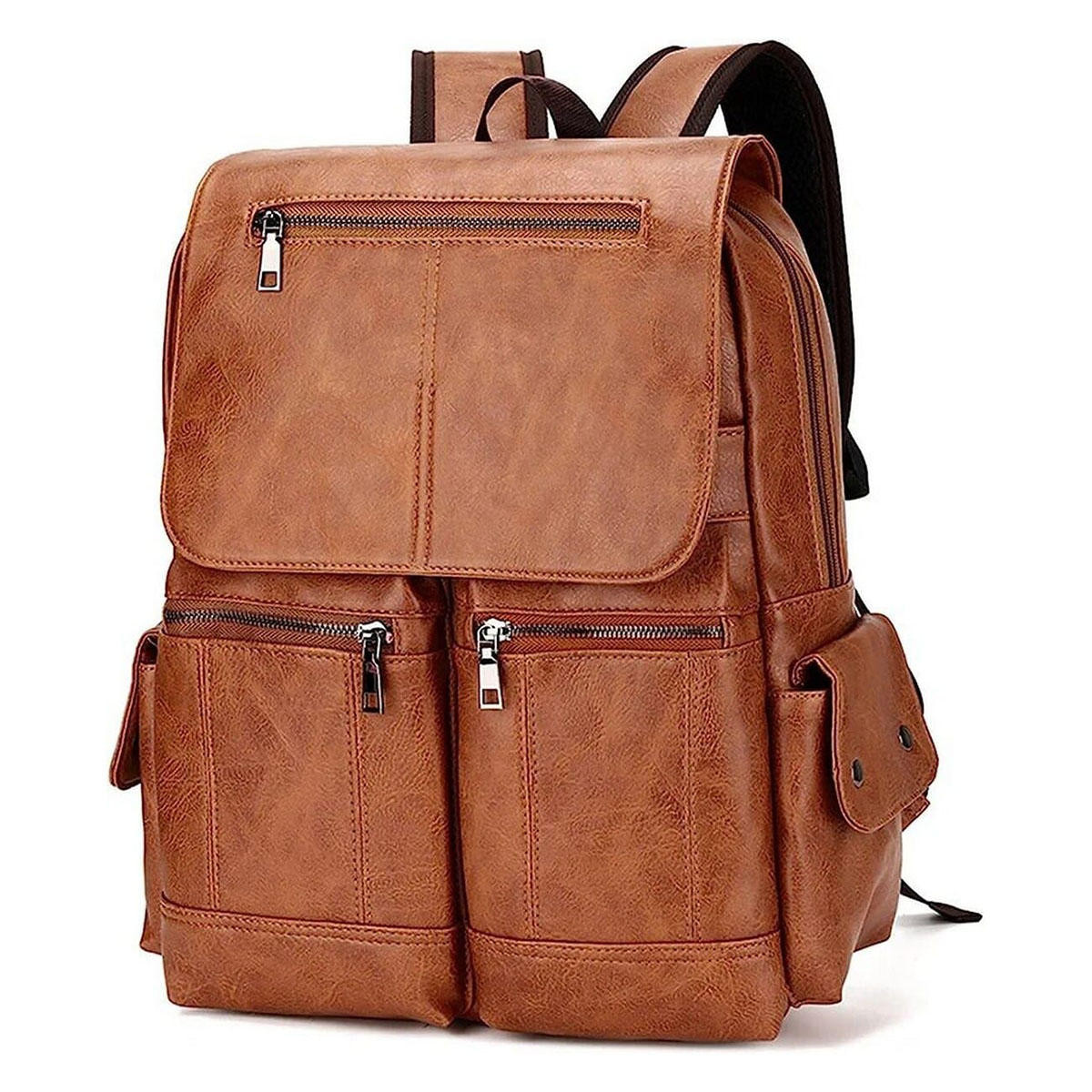 Leather Double Pocket Backpack Casual School College Bag For Men Black Coffee Tan