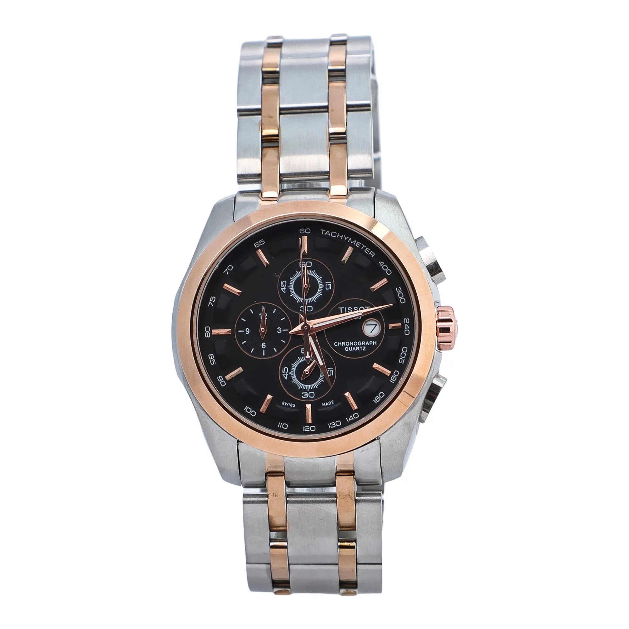 Fashionable Luxury Watch For Men || Date Function Two Tone Color Steel Chain Round Black Dial Quartz Chronograph Watch For Men || Sold By Best Supplier