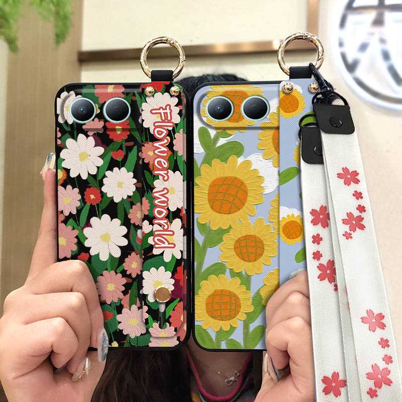 Ring Durable Phone Case For Tecno Spark40 5G/KM7 Shockproof Lanyard Wristband Flower Phone Holder Back Cover Wrist Strap