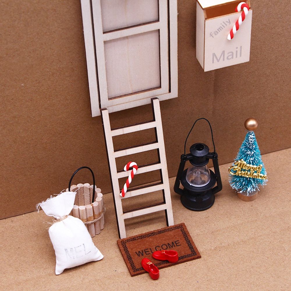 1set Mini Dollhouse Wooden Miniature 1/6 1/12 Doll House Lamp Christmas Boots Tree Wreath Pine Santa Claus