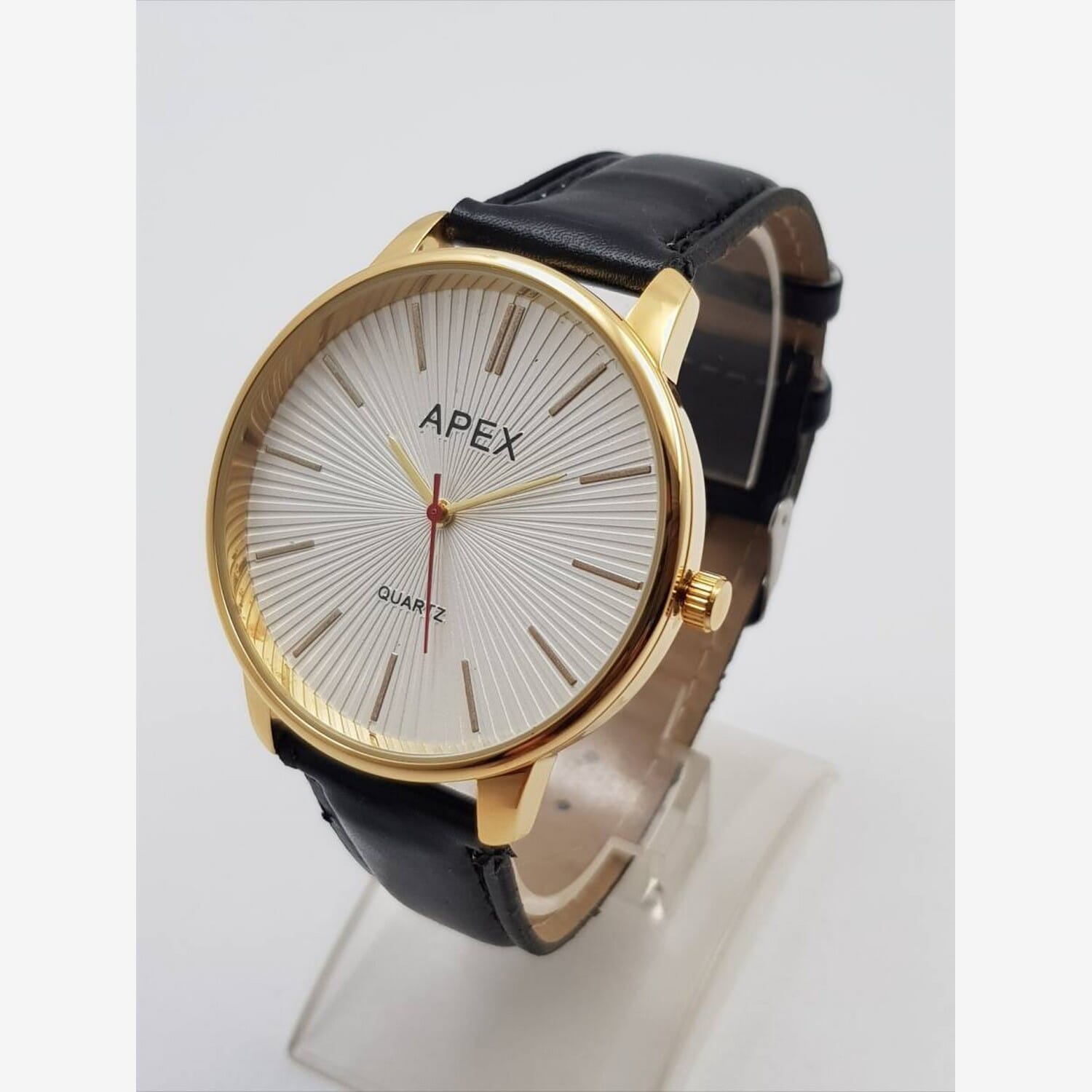 Black Genuine Leather Strap Analog Quartz Wrist Watch With Gold Dial