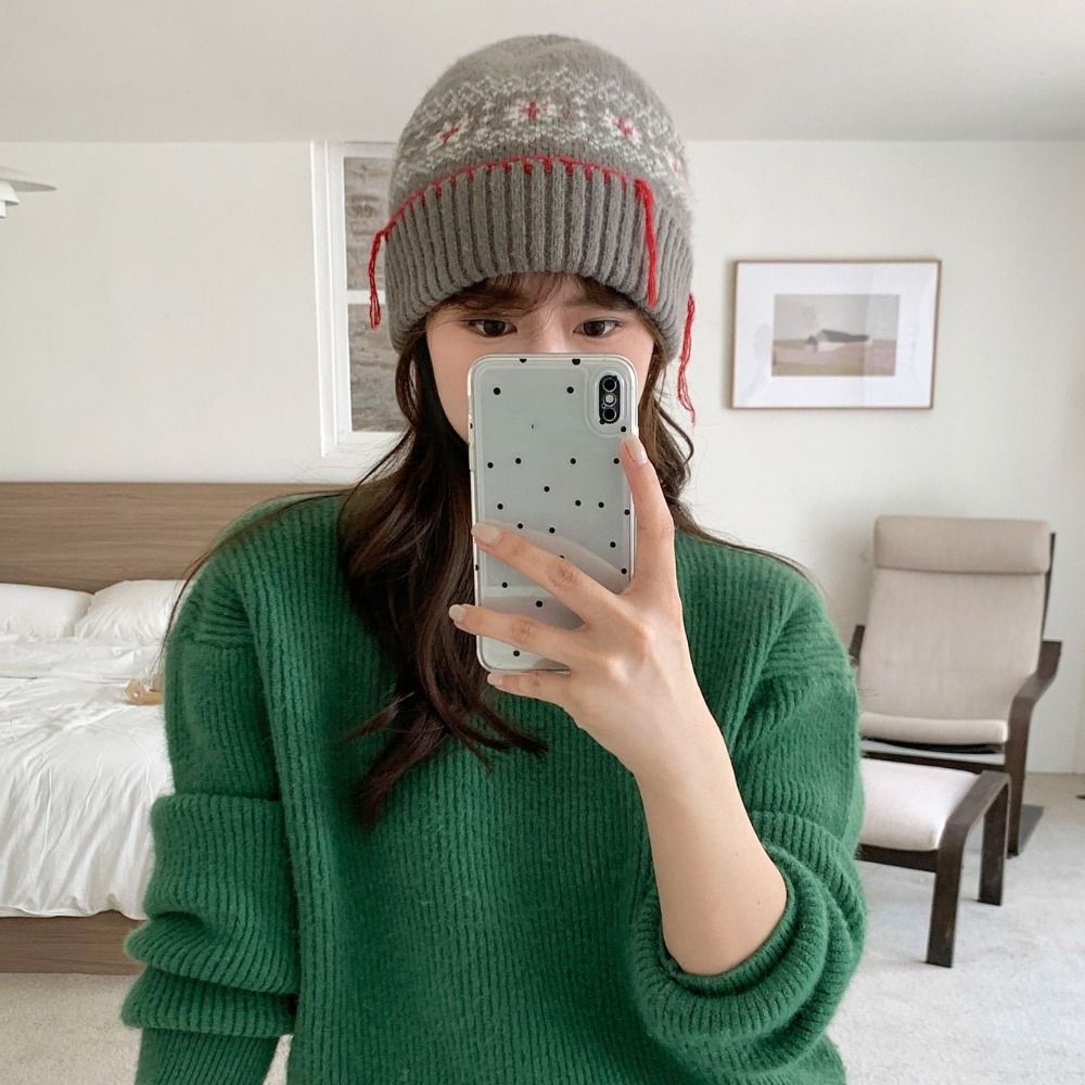 Ethnic Style Woolen Knitted Pullover Hat Keep Warm Coldproof Jacquard Woolen Hat Solid Color Ear Protection Beanies Cap Autumn