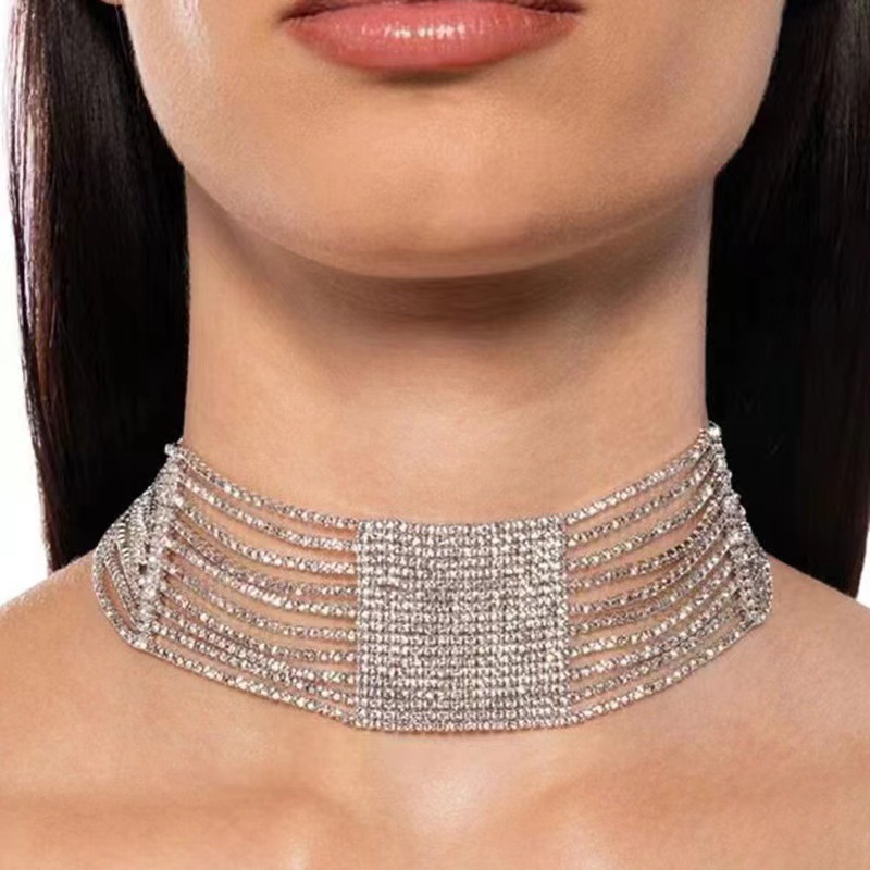 【Fashion-forward】Necklace Women's Multi-layer Horizontal Stripe Square Chain Rhinestone Full Diamond Banquet Catwalk Jewelry Batch