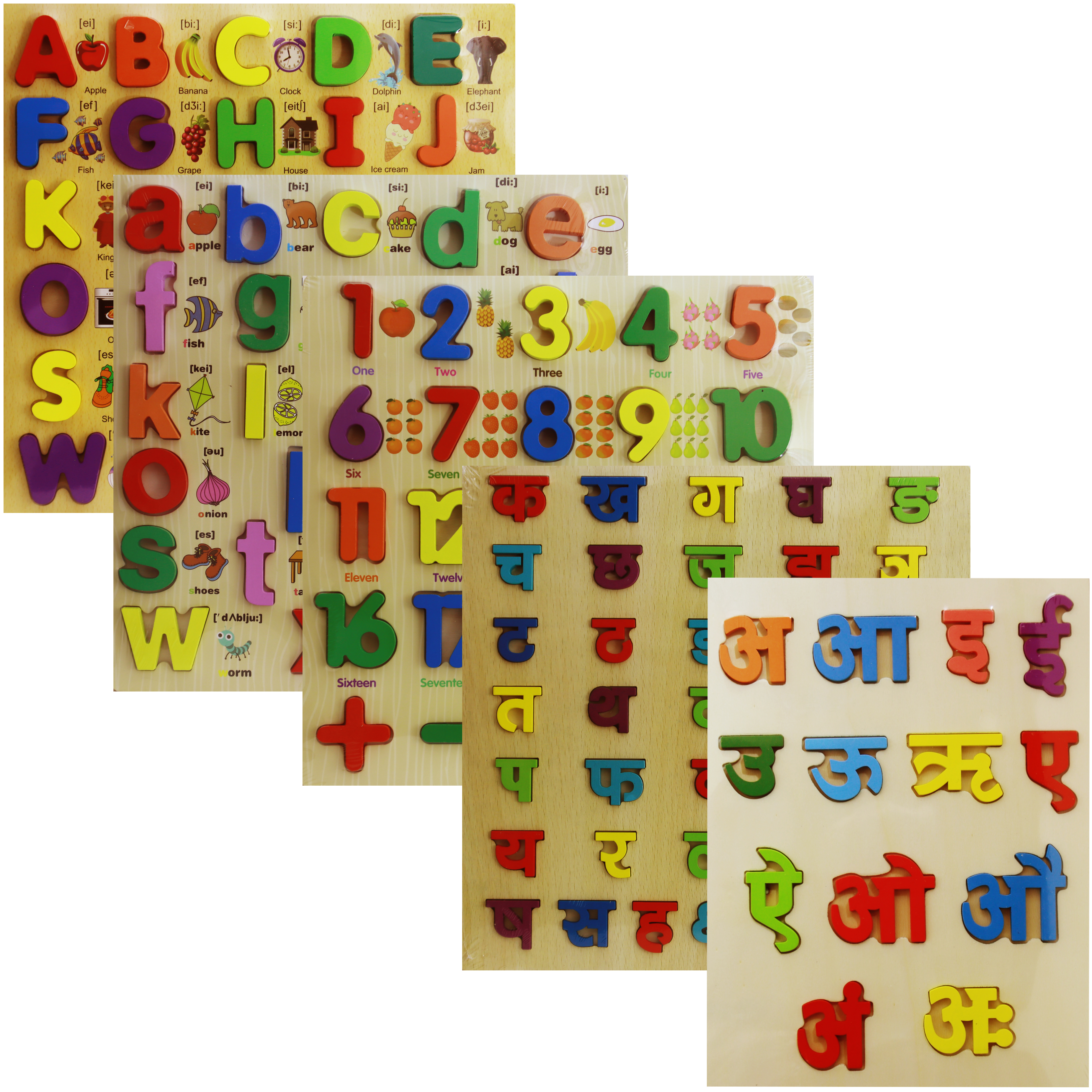 5 In1 Wooden Educational Puzzle Board Set for Kids - English Capital & Small Alphabets (ABC/abc), Numbers (1-20), Nepali Varnamala (Ka Kha Ga & A Aa I) - Montessori Early Learning Toy for Toddlers & Preschoolers