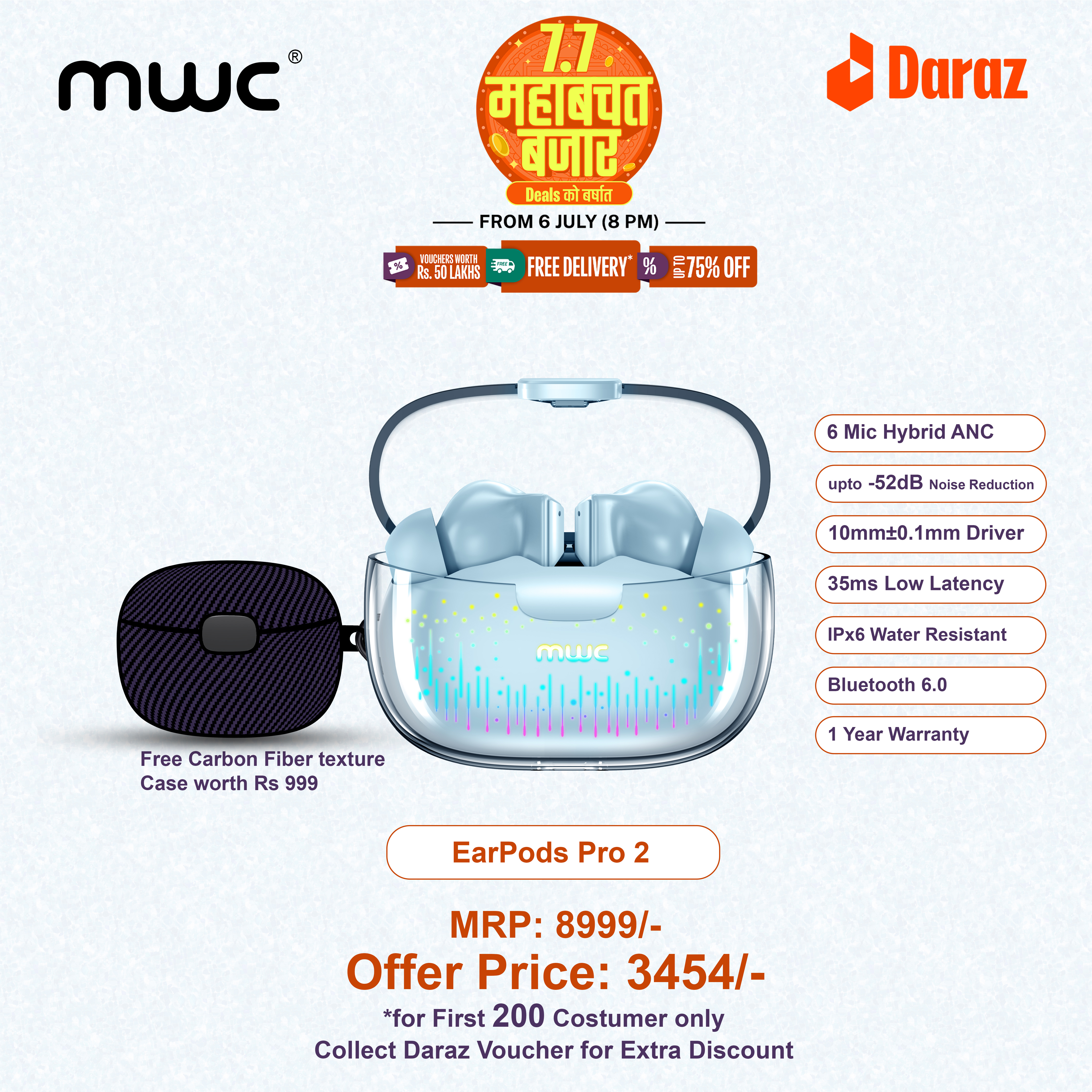 MWC EarPods Pro 2 | Hi-Res Audio Supported | Ultra Premium | Hybrid ANC (6 mics) | 10mm±0.1mm Driver | 60H Play Time | 35ms Ultra Low Latency | iPx6 Water Resistance | Bluetooth 6.0