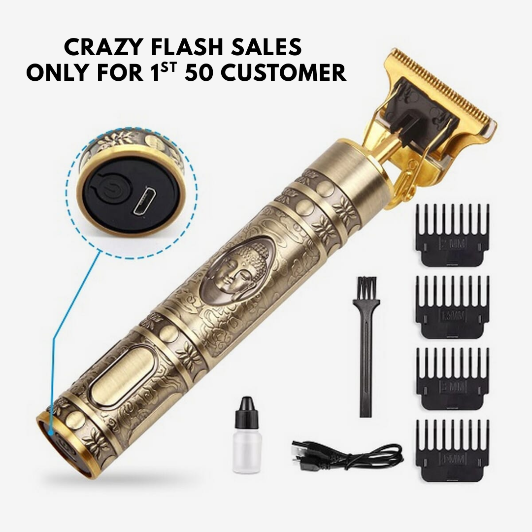 Vintage T9 Rechargeable Hair Trimmer for Men | Cordless T-Blade Outliner & Detail Beard Shaver | Professional Electric Hair Clipper with 4 Guide Combs, Gold ABS Body, USB Fast Charging