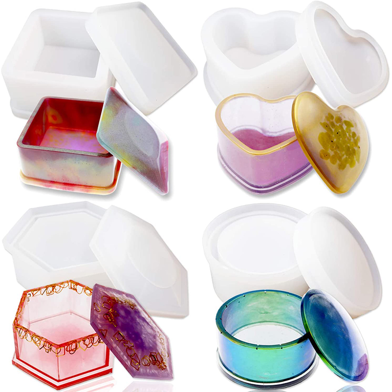 NAMUNY 4 Pack Box Resin Molds Jewelry Box Molds Heart Shape /Hexagon/Round and Square Epoxy Molds Containers with Lid