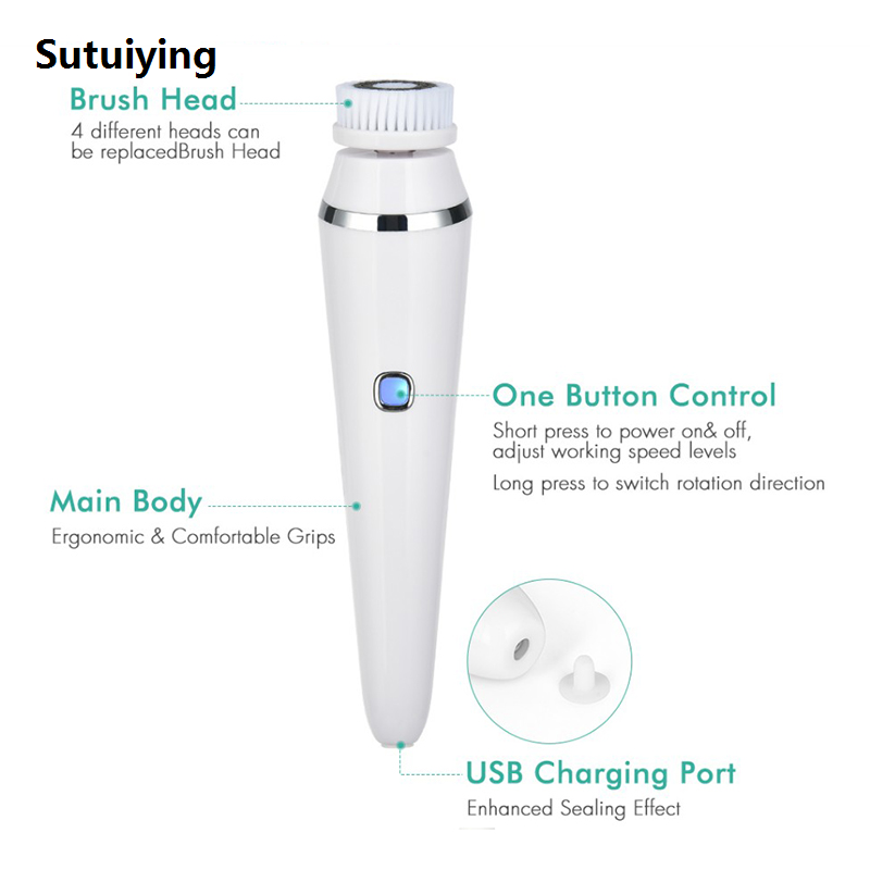 Sutuiying Portable Waterproof Facial Cleansing Spin Roller Sonic Massager Luxury Cleaner Brush Silicone Electric Face Brush with 4 Brush Heads
