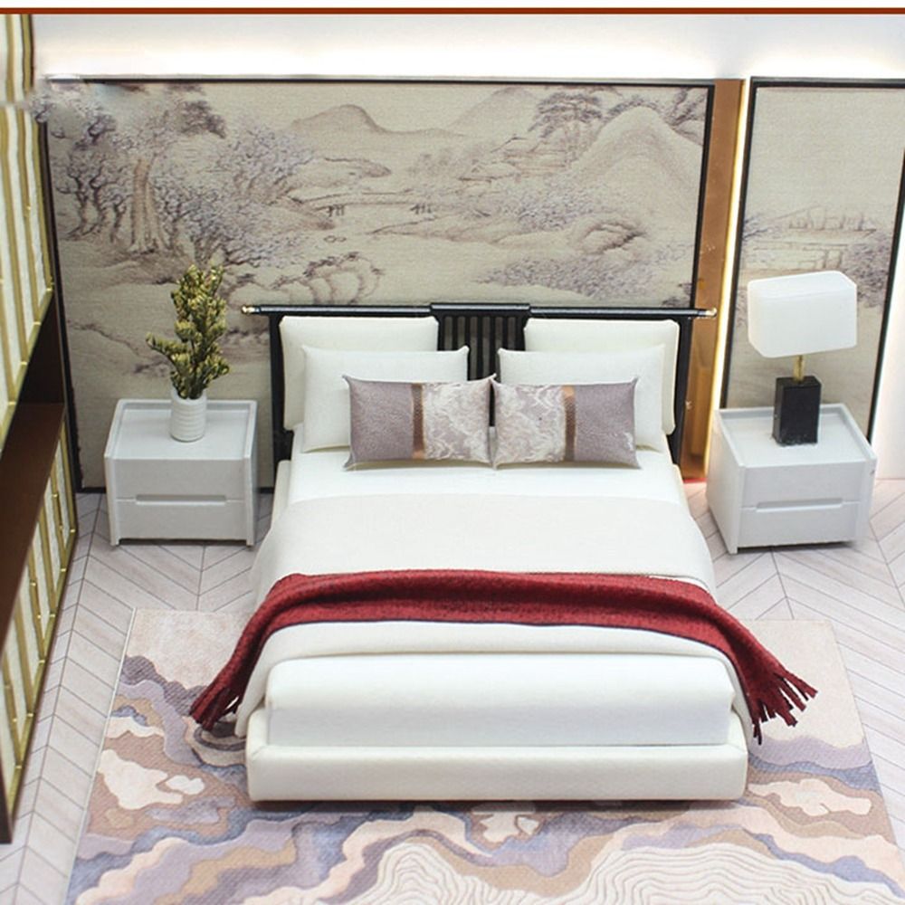 High Quality 1:20 Dollhouse Miniature Bed Mini DIY White Toy Bed Simulated Furniture Dollhouse Decoration